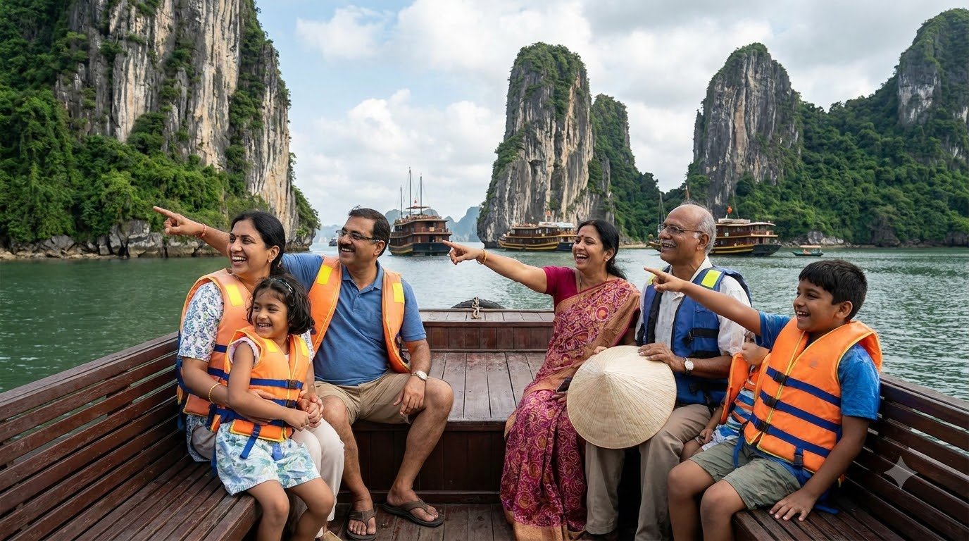 Happy Indian family exploring Vietnam together