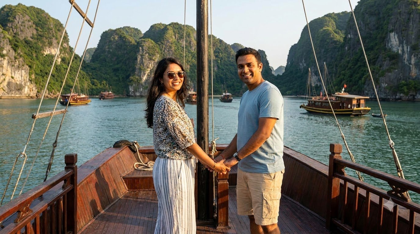 Romantic couple watching sunset over Ha Long Bay